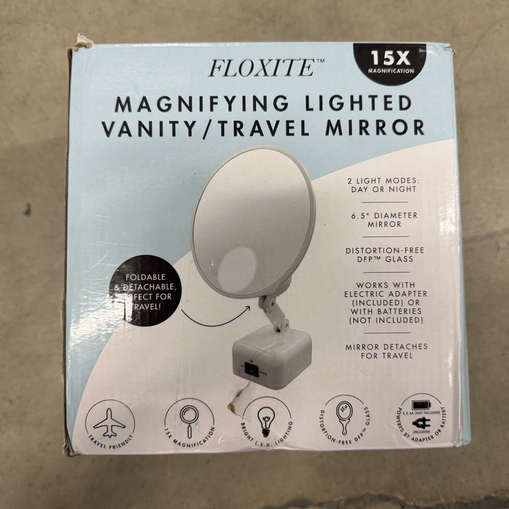 Floxite 15X Magnifying Lighted Vanity Travel Mirror White 6.5 Inch DFP Glass